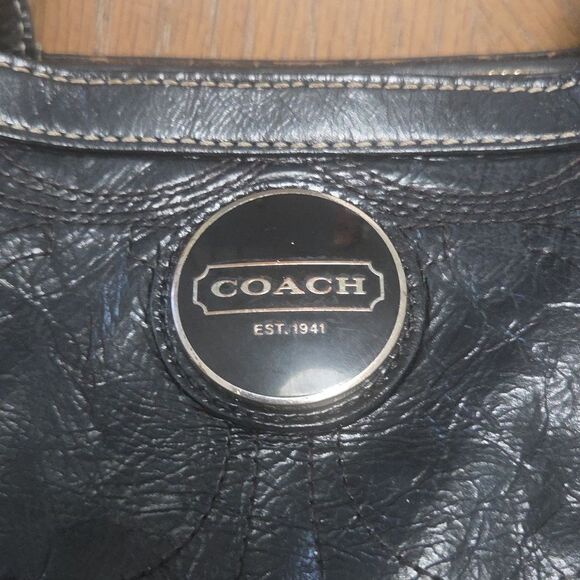 COACH Black Patent Leather Signature Stripe Tote Shoulder Bag (F15142) - Picture 8 of 9